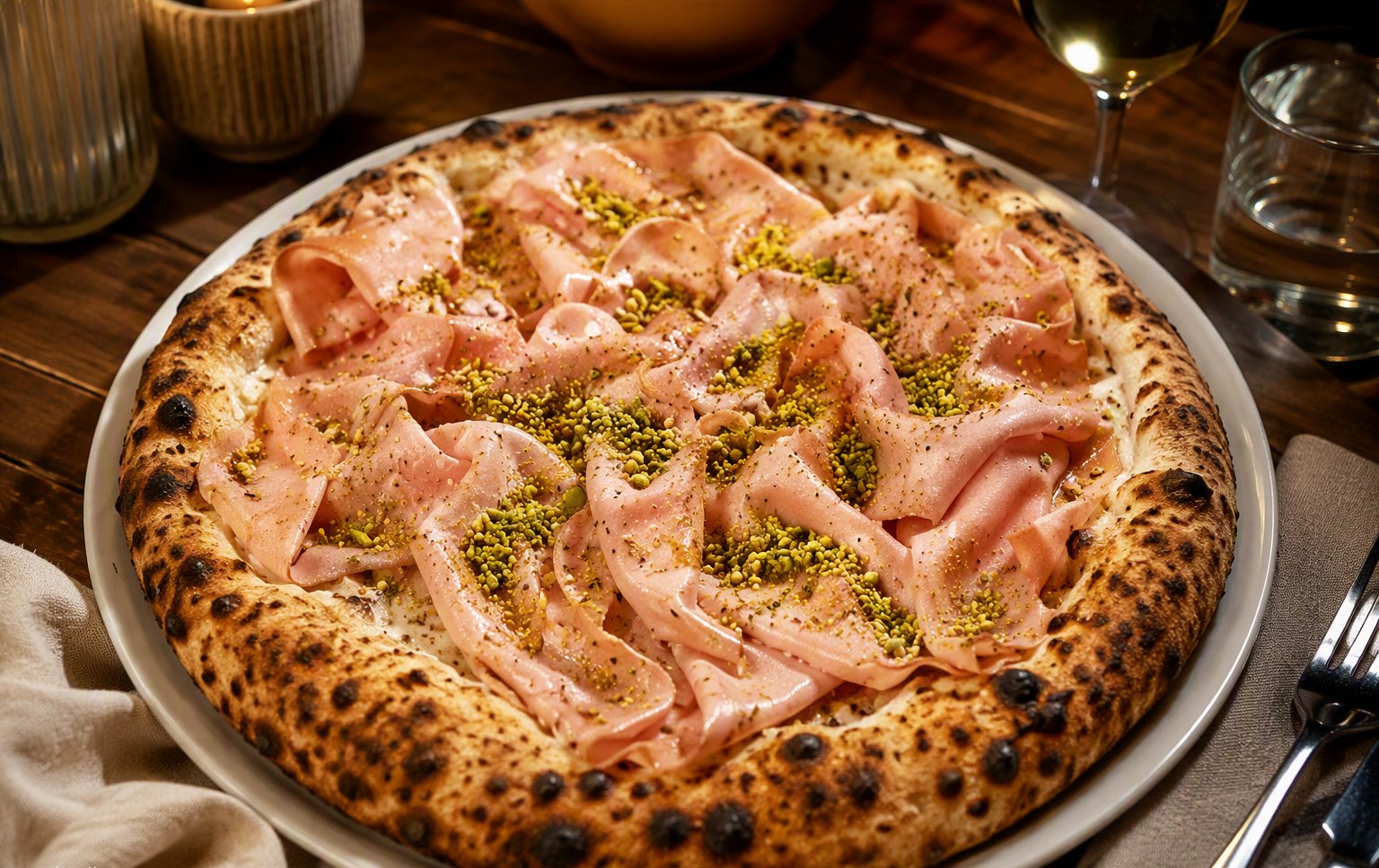 Pizza mortadella e pistacchio